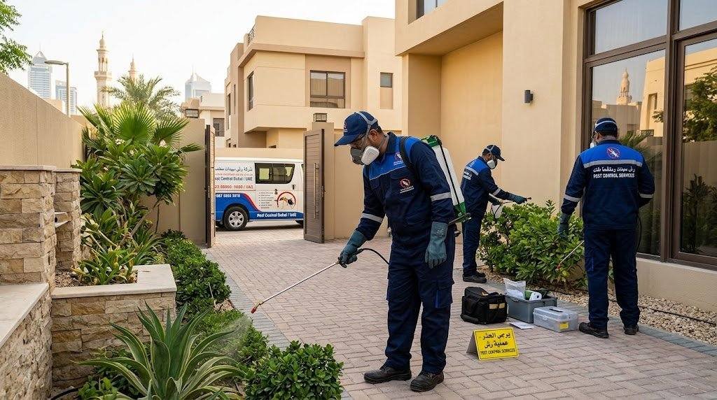 فني مكافحة حشرات معتمد في الإمارات بمهمات وقاية كاملة أثناء التنفيذ